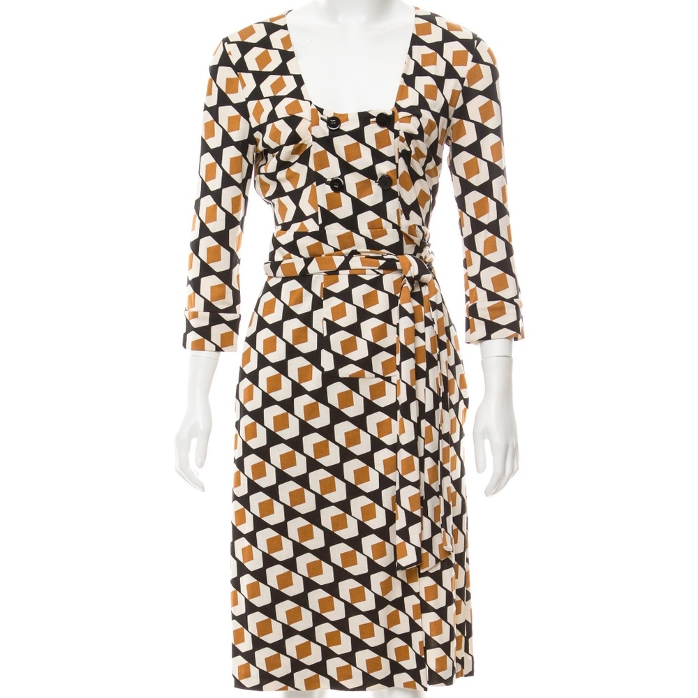 Diane Von Furstenberg Geometric Wrap Dress in Black, White & Brown
